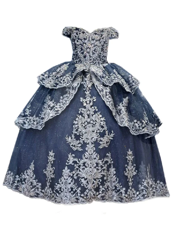 Forward Trendsetter Little Girls Navy Glittery Silver Embroidered Off Shoulder Ball Gown 3-6