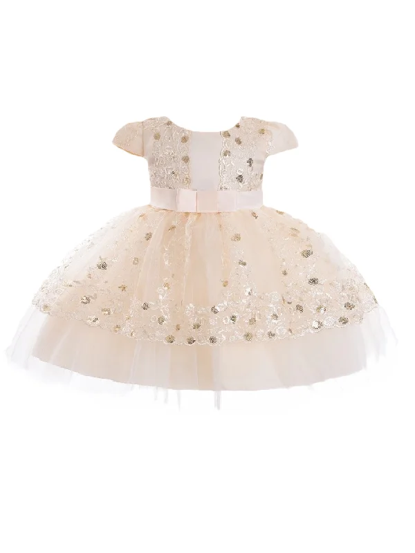 Flash Discount Little Girls Champagne Sequin Embroidery Cape Sleeve Flower Girl Dress 2T-4T