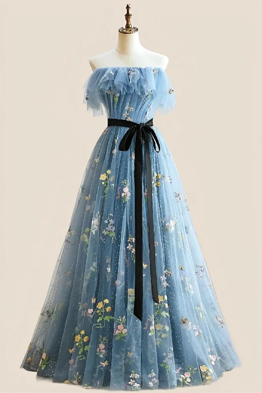 Comfortable Loungewear for Women Strapless Blue Floral Fairytale A-line Long Princess Dress