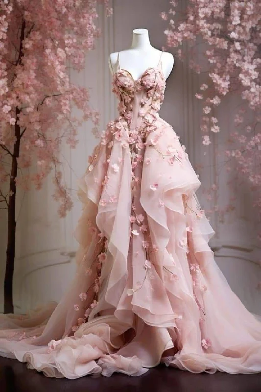 Style Beyond Borders Lovely Pink Sweetheart Neck Floral A-Line Long Party Dress Formal Evening Gown, D423