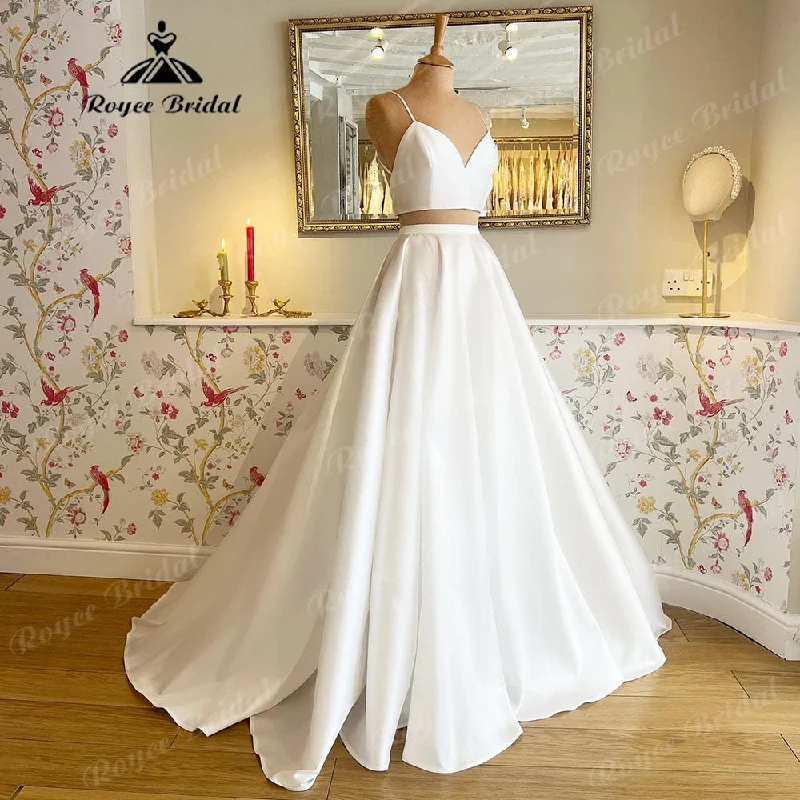 Casual Style for Busy Women Roycebridal suknia slubna Two Pieces Soft Satin A Line Beach Princess Wedding Dress for Women 2025 Spaghetti Straps Bridal Gown Custom Made