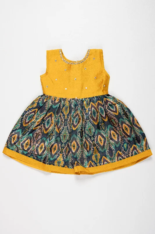 Vintage Fashion Elegant Yellow and Teal Chanderi Cotton Frock for Girls