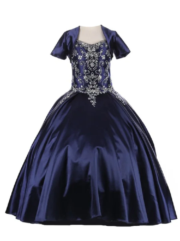 Trendy Pulse Little Girls Navy Cap Shoulder Rhinestone Beaded Fringe Ball Gown 2-6