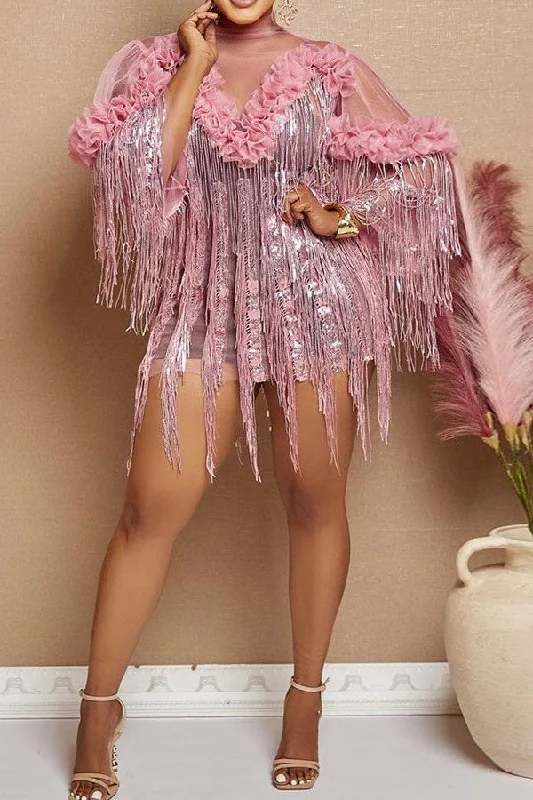 Edgy Fashion Ruffles Patchwork Stylish Sequined Tassel Mini Dress