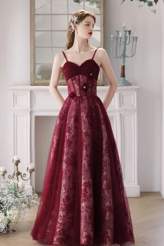 Timeless Women’s Fashion Styles Straps Burgundy Floral A-line Long Formal Dress