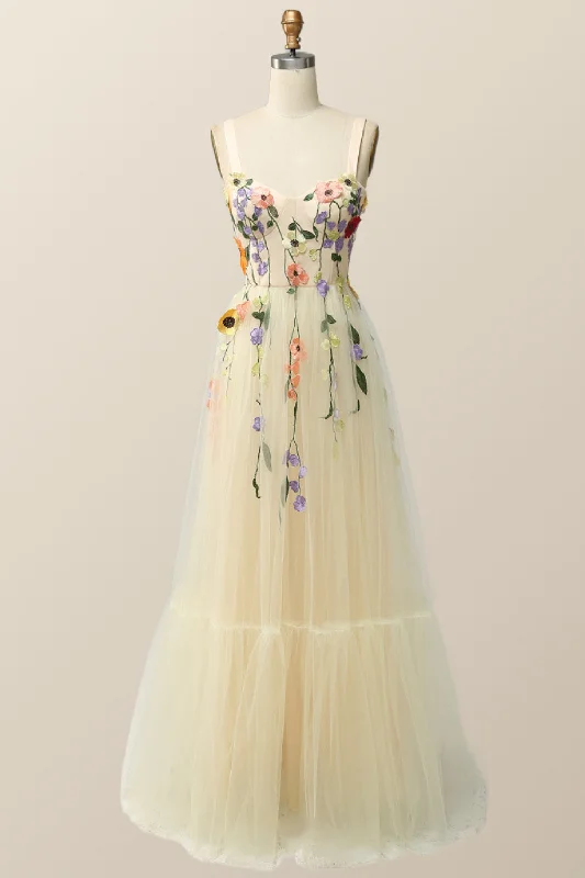 Women’s Evening Wear Champagne Tulle and Floral Embroidery Formal Gown