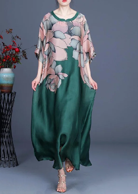 Fashionista Sale French Green Print Three Quarter sleeve Silk Summer Dress Two Pieces Set