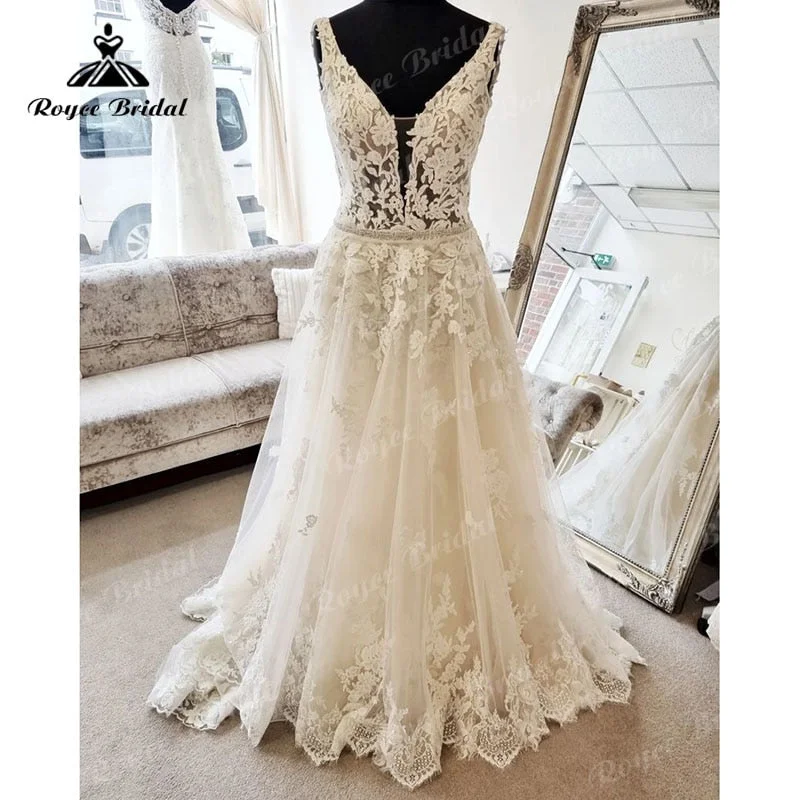 Sale Clothes Online Roycebridal A Line Lace Appliques Sleeveless Deep V Neck Boho Wedding Dress Sweep Train 2025 Summer Beach Wedding Gowns Custom Made Elegant