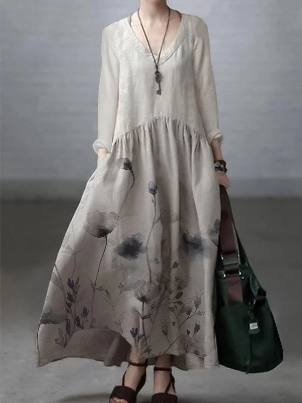 Charming Everyday Clothing For Women Ivory-lotus Simple and Loose V-neck Cotton and Linen Dress Charming Everyday Clothing For Women Ivory-lotus Simple and Loose V-neck Cotton and Linen Dress