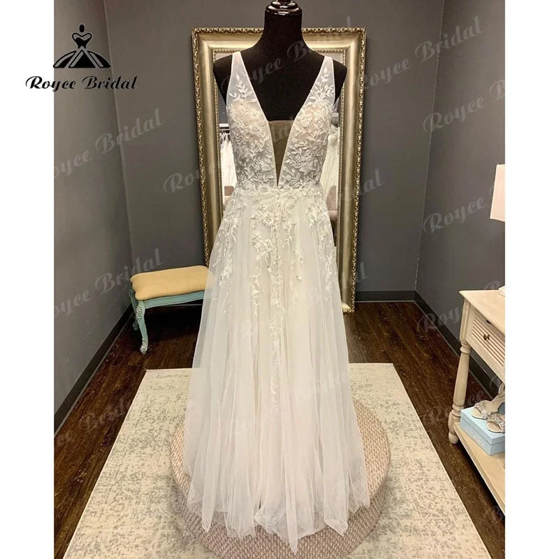 Flash Sale Or Flash Sales Roycebridal Boho Beach Sleeveless Deep V Neck Wedding Dress Lace Appliques Backless Floor Length Tulle 2025 Vestidos Robe Civil Bridal Gown