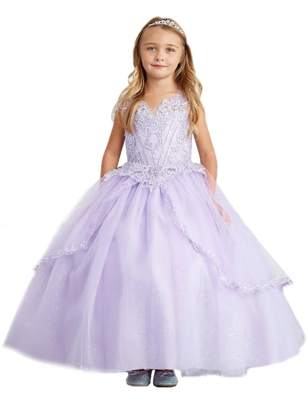 Limited Stock, Big Sale Little Girls Lilac Metallic Lace Applique Split Tulle Skirt Pageant Dress 2-6