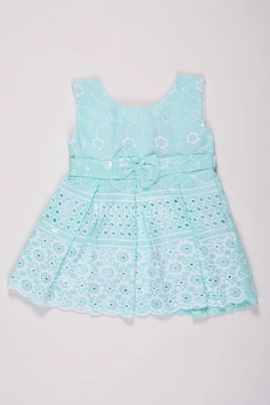 Chic Wardrobe Girls Mint Green Cotton Embroidered Short Frock with Bow Detail for Special Events