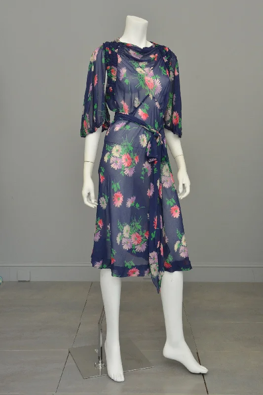 Graceful Fashion 1930s Navy Blue Sheer Crepe Floral Novelty Print Keyhole Dress