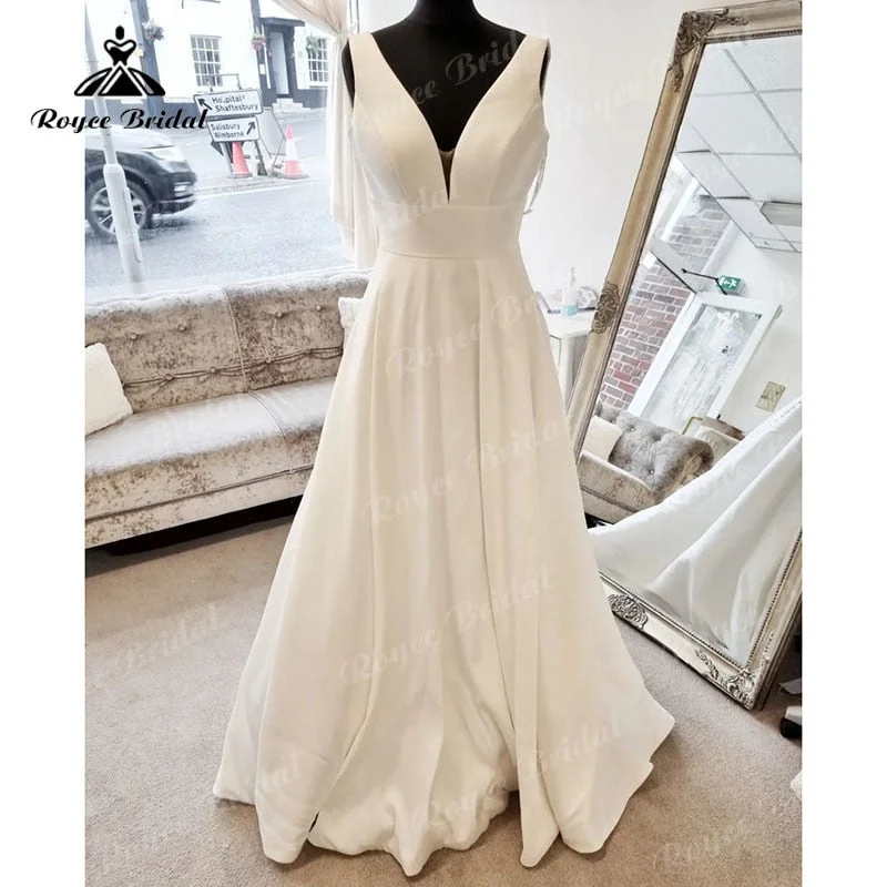 Affordable Women’s Clothing Online Roycebridal Simple V Neck Sleeveless Satin A Line Beach Wedding dress with Buttons Open Back 2025 Vestido Boda Civil Bridal Gowns for Women