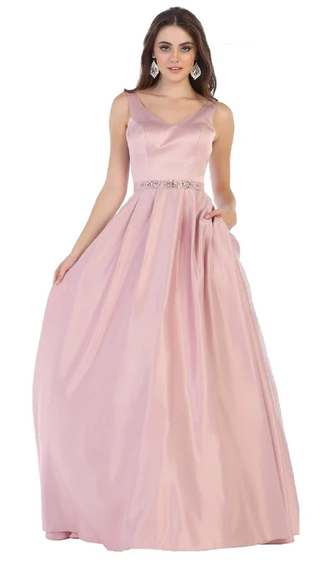 Online Boutiques Best May Queen - MQ1595 Sleek V-Neck Adorned Waist A-Line Gown