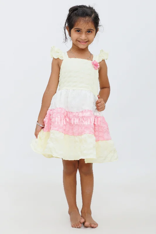 Elegant Style Yellow Cream and Pink Layered Baby Frock with Popcorn Fabric for Girls