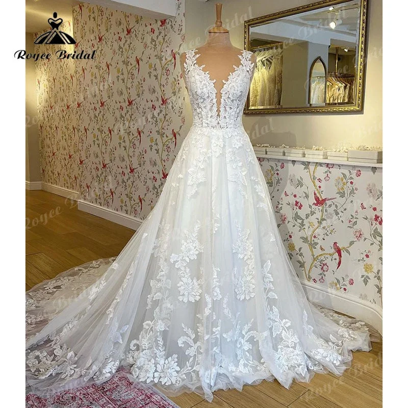 Premium Quality Garments Wedding Dress with V Neck 2025 Luxury Lace Appliques Bride Court Train Wedding Gown for Women Custom Made Vestidos de Novia