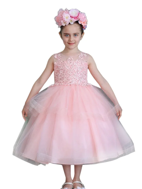 Vintage Style Clothing Sale Little Girls Pink Illusion Neckline Lace Organza Flower Girl Dress 2-6