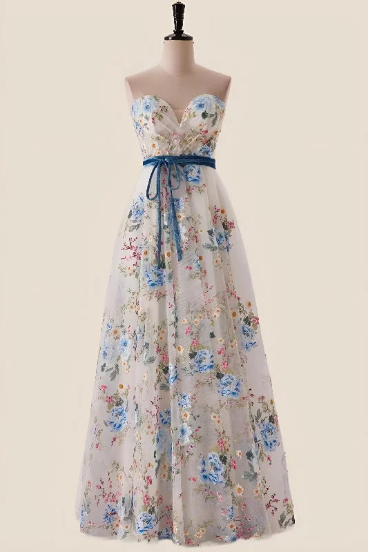 Fashionable Dresses for Women Sweetheart Blue Floral A-line Long Formal Gown