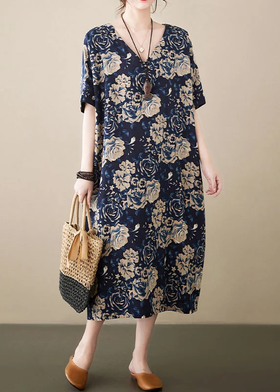 This Weekend Only – Best Prices Guaranteed Navy Print Linen Robe Dresses V Neck Oversized Summer This Weekend Only – Best Prices Guaranteed Navy Print Linen Robe Dresses V Neck Oversized Summer