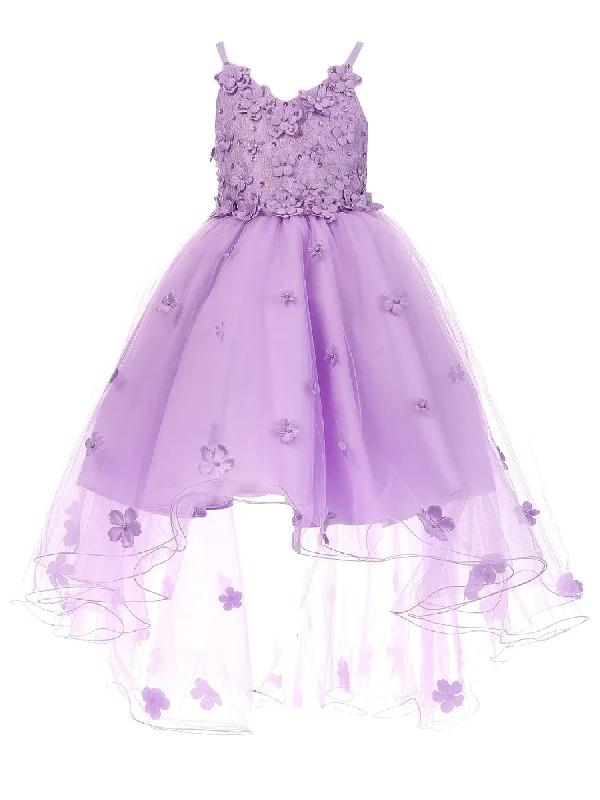 You'Ll Love Us Because Little Girls Lilac 3D Flower Embedded High Low Tulle Flower Girl Dress 2-6