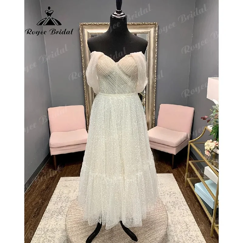 Trendy Women's Wear Collection Princess Polka Dots Off Shoulder Short Wedding Dress with Short Cap Sleeve 2024 Wedding Bridal Receipt Party Gown Roycebridal