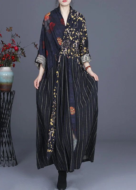 Unleash Your Fashion Fine V Neck Print Patchwork tie waist Fall Vacation Dresses