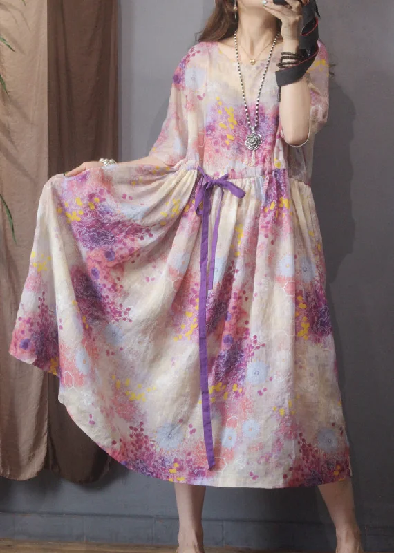 Versatile Women’s Clothing for All Occasions Classy Pink O-Neck Drawstring Floral Linen Mid Dress Half Sleeve