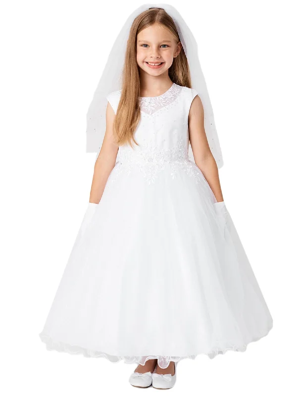 Chic Casual Wardrobe Essentials Big Girls White Lace Illusion Neck Pearls Tulle Communion Dress 7-18