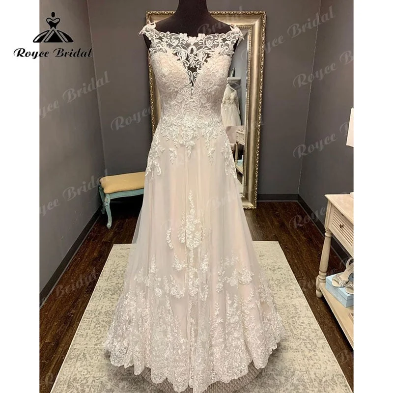 Free Spirited Fashion Roycebridal Lace Appliques Illusion Sweep Train Cap Sleeve Blush Pink Boho Wedding Dress A Line Beach Bridal Gown trouwjurk Elegant 2025