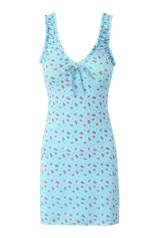 Trendy Attire For Her Straps Light Blue Floral Print Short Summer Dress