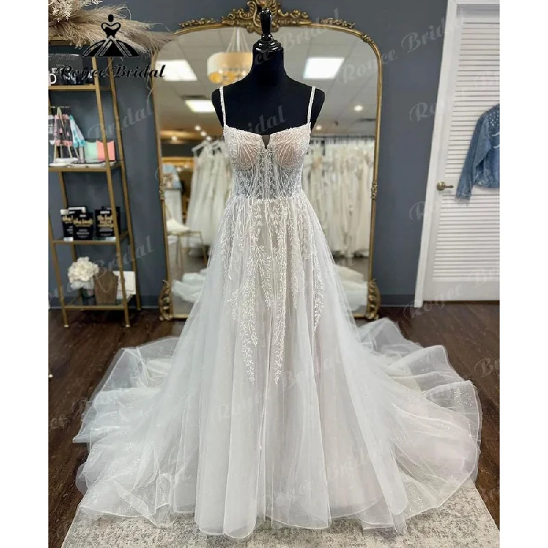 Women’s Casual and Dressy Outfits Roycebridal Roycebridal 2025 Lace Appliques Lace Shiny Glitter Spaghetti Straps Wedding Dress for Women Custom Made Court Train Backless