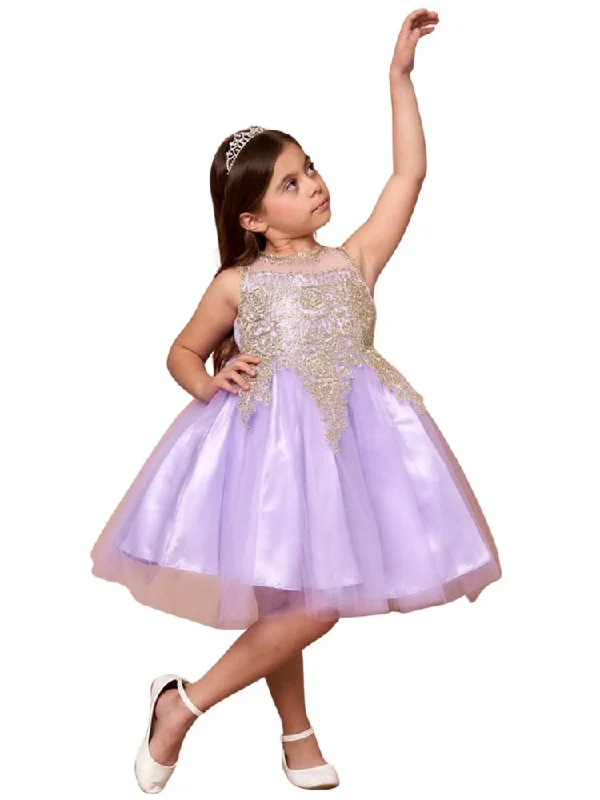 Crazy Price Slashing Little Girls Lilac Gold Embroidered Illusion Neckline Flower Girl Dress 4-6