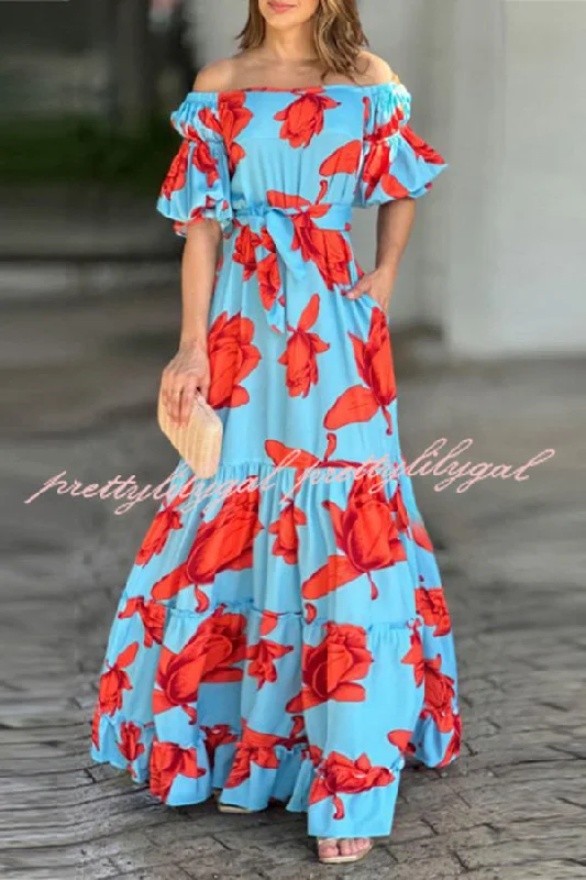 Elegant Fashion Floral Print Waist Belted Slim Fit Off The Shoulder Maxi Dress