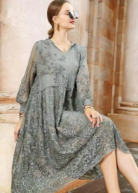 Women's Clothing With Trendy Designs Italian Grey Hooded Embroideried Patchwork Tulle Dresses Spring Women's Clothing With Trendy Designs Italian Grey Hooded Embroideried Patchwork Tulle Dresses Spring