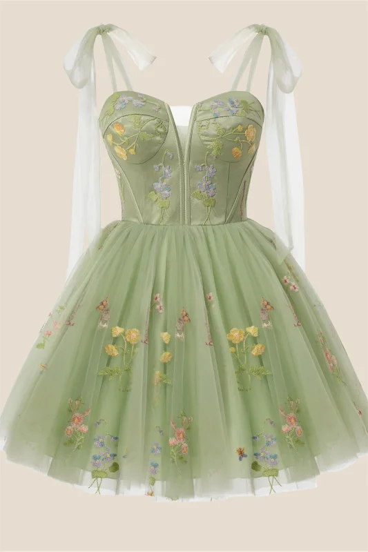 Clothes For Sale Sage Green Floral Embroidery A-line Short Dress