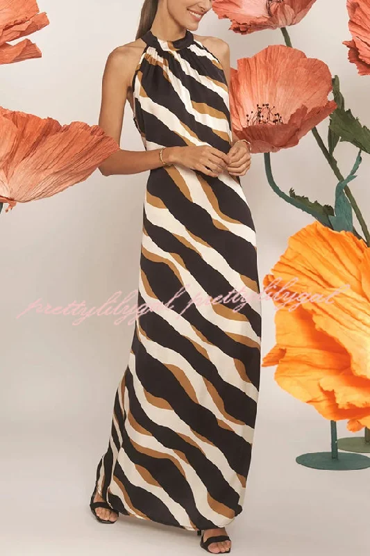 Street Style Fashion Uptown Cafe Satin Color Block Print Tie-up Neck Maxi Dress