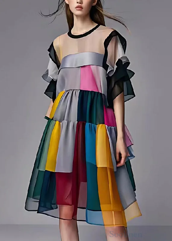 Fashion-Forward Women's Clothing French Grey Original Design Patchwork Chiffon Dress Half Sleeve Fashion-Forward Women's Clothing French Grey Original Design Patchwork Chiffon Dress Half Sleeve