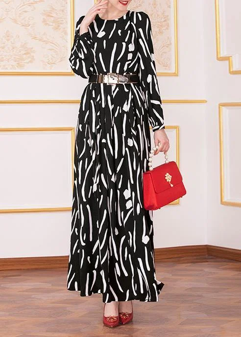 Feminine Elegance French black prints chiffon clothes tie waist Maxi big hem Dress Feminine Elegance French black prints chiffon clothes tie waist Maxi big hem Dress