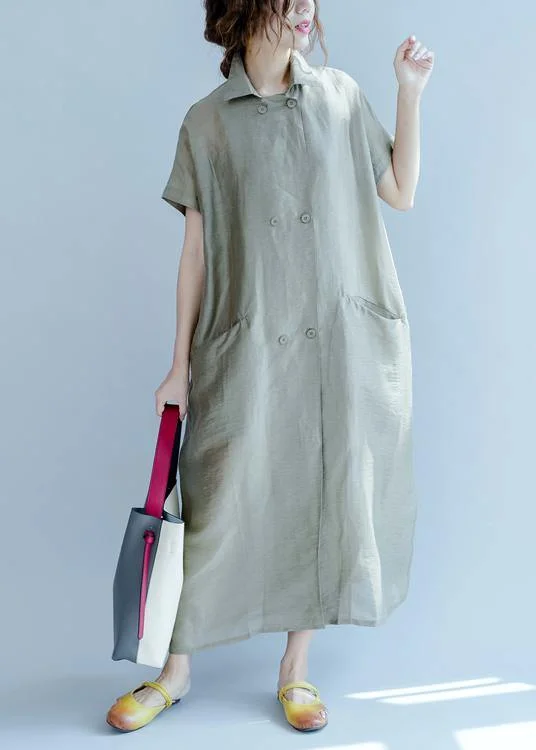 Chic Style Italian army green quilting dresses lapel pockets long summer Dress