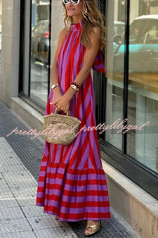 Women’s Fashion Clothing Roxane Linen Blend Striped Halter Neck A-line Maxi Dress