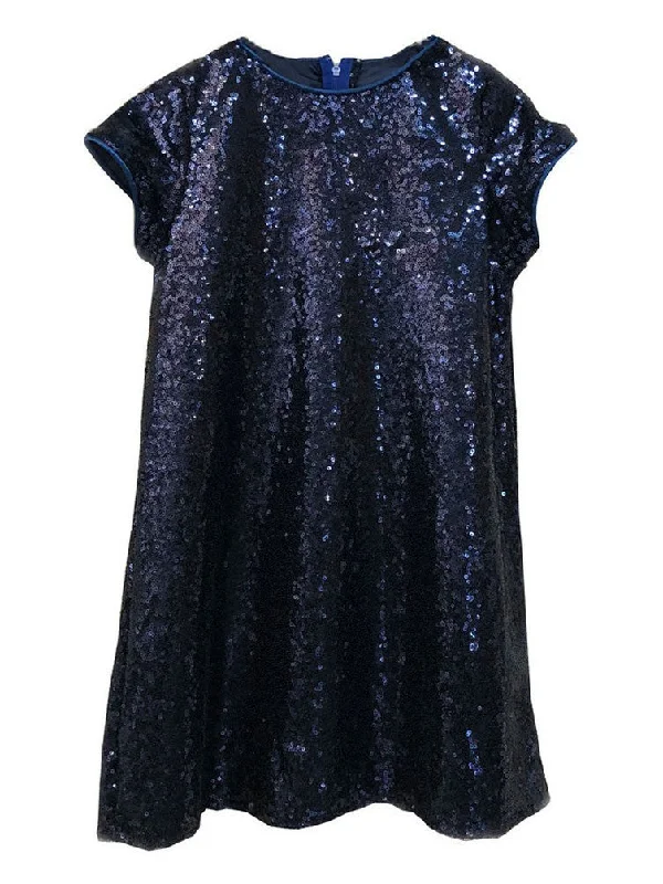 Odd Size Clearance Sale Little Girls Navy Sparkle Sequin Katy Short Sleeve Shift Party Dress 2-6