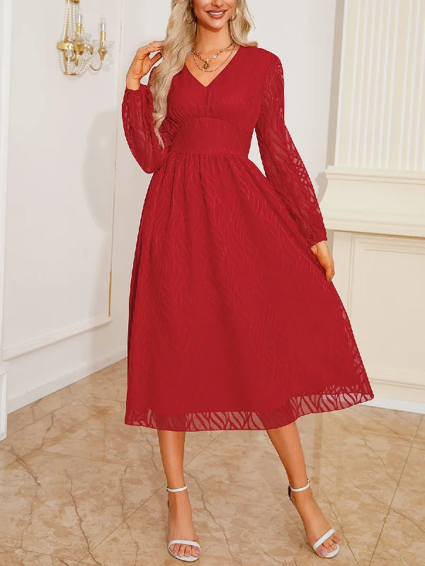 New Arrival Discounts Lantern Sleeve Textured A-Line Midi Dress