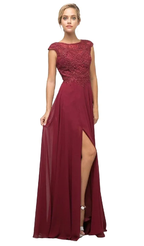 Outlet Clothing Cinderella Divine - UL035 Beaded Lace Bodice Scallop Cap Sleeve Chiffon Gown - 1 pc Burgundy In Size M Available