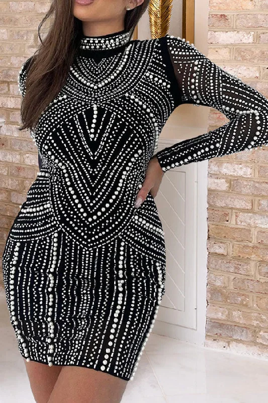 Elegant Women’s Clothing Online Rhinestone & Beaded Decor Stylish Mock Neck Mini Dress