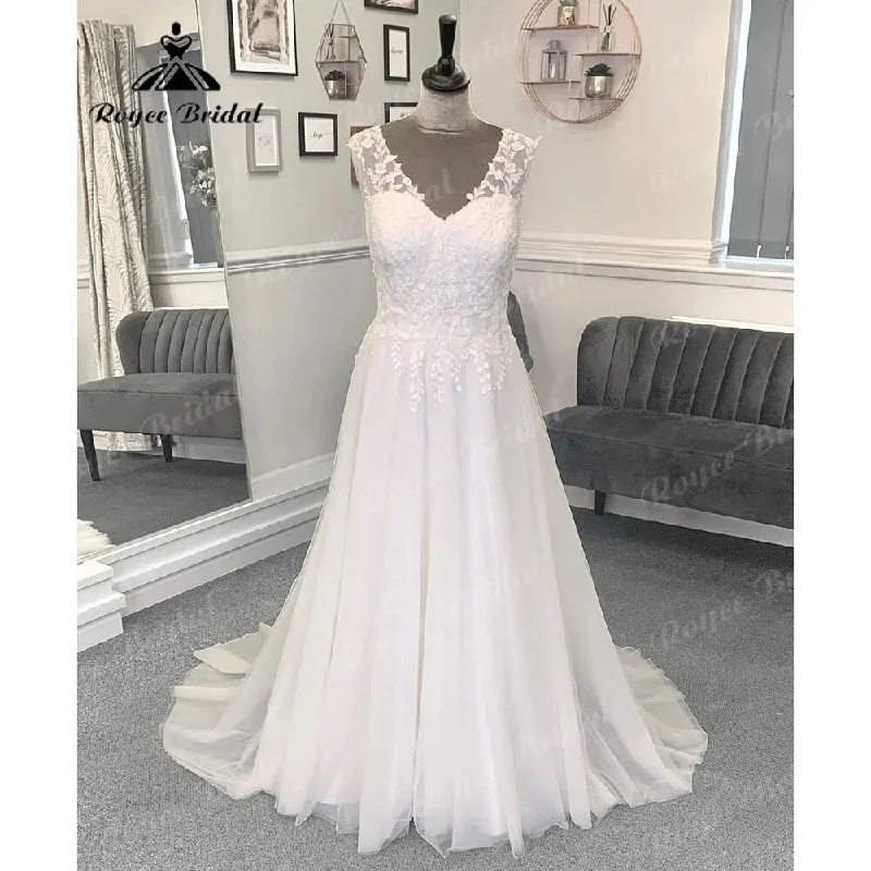 Chic Style, Always In Vogue Summer Sleeveless Lace Bodice Boho V Neck Wedding Dress for Women Beach A Line Bridal Gown Sweep Train Vestidos De Novia