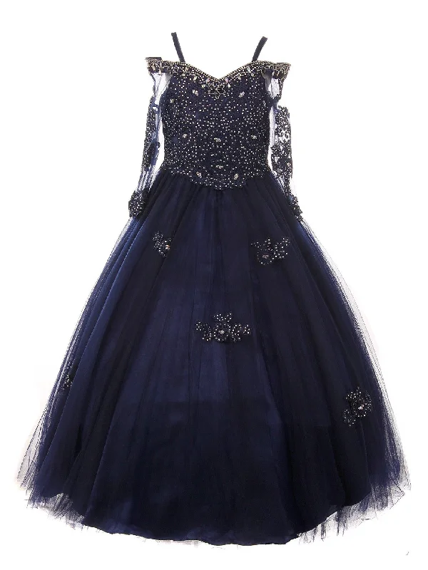 Exclusive Designer Collection Little Girls Navy Off Shoulder Long Sleeve Rhinestone Pageant Dress 2-6