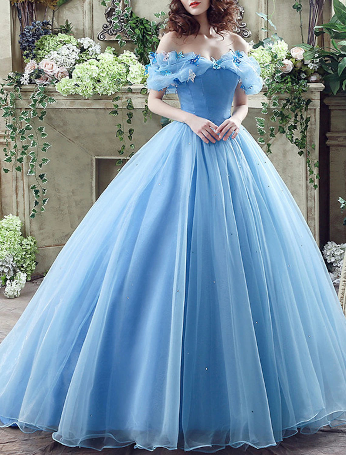 Elegant Women’s Clothing Online Ball Gown Evening Gown Floral Dress Quinceanera Prom Court Train Short Sleeve Off Shoulder Satin with Appliques