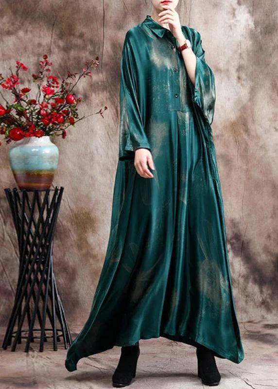 Elevated Style French Green Print Chiffon Dress Long Asymmetric Art Dress