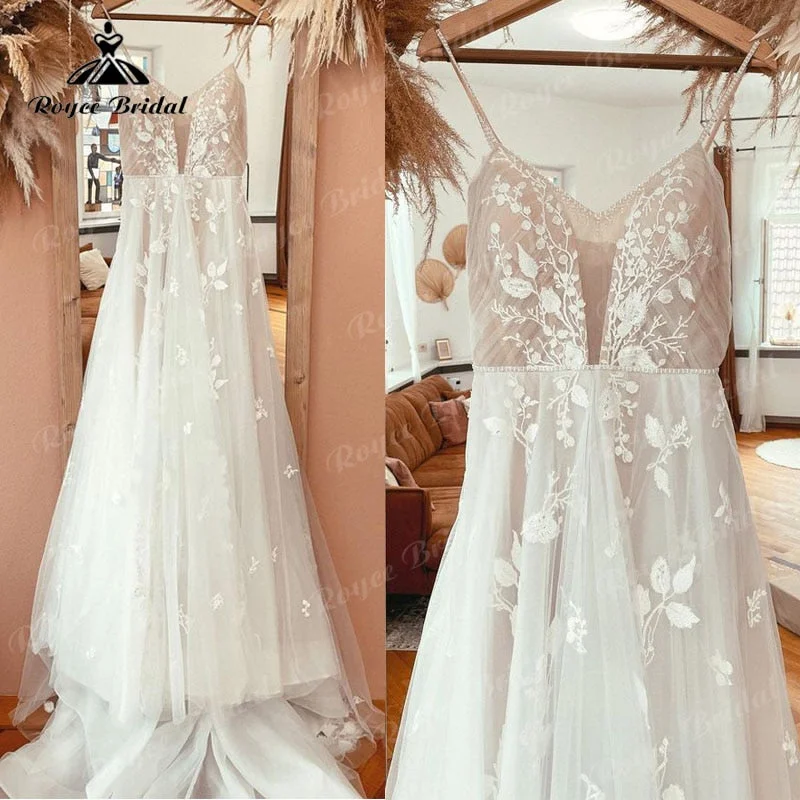 Online Boutique Clothing Roycebridal vestido  novia Lace Appliques V Neck A Line Boho Wedding Dress Spaghetti Straps Beach 2025 trouwjurk Robe Bridal Wedding Gowns